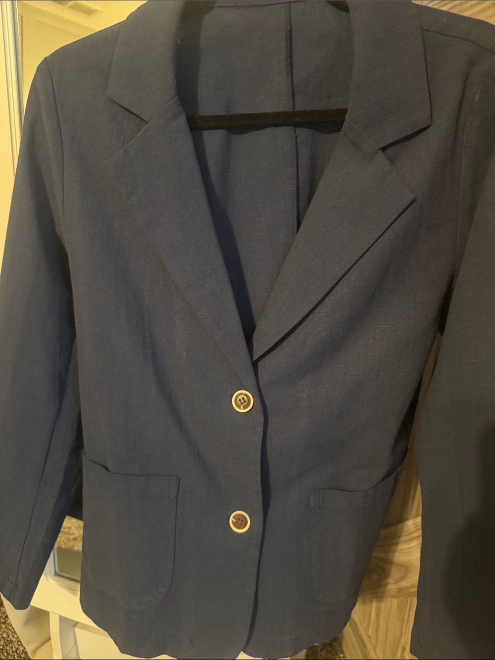 Navy Blue Lightweight Linen Blend Single-Breasted Blazer with Pockets